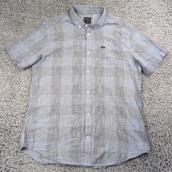 RVCA Shirt Men Extra Large Blue Linen Blend Plaid Button Up Short Sleeve Skater - Picture 1 of 7